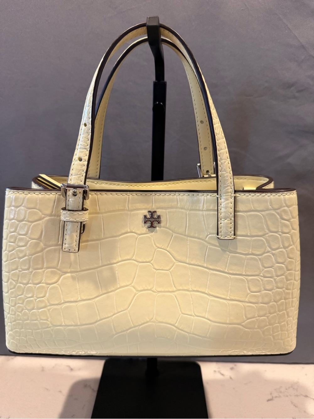 Tory Burch Cream Croc-Embossed Shoulder Tote